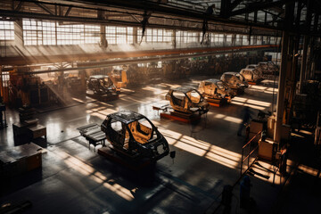 Warm light casting long shadows on a car manufacturing plant floor, emphasizing teamwork and precision, generative ai