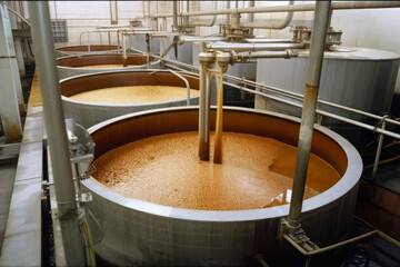 View of the sugar refining process, with molasses being separated from the sugar crystals in large centrifuges, generative ai