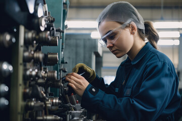 Women in blue overalls fixing industrial machine, generative ai