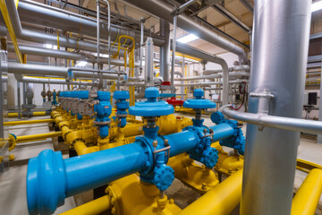 Wide-angle view of an underground natural gas storage facility with pipes, valves, and monitoring equipment, generative ai