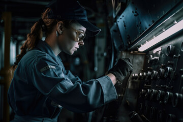 Fototapeta na wymiar Women in blue overalls fixing industrial machine, generative ai