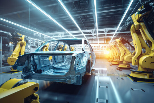 Warmly lit car manufacturing assembly line, capturing a moment of collaboration between human and robotic workers, generative ai