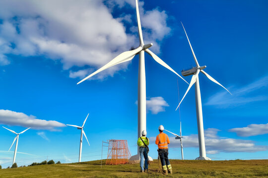 Wind turbines in a field with blue sky and clouds, workers in safety gear performing maintenance on the towering structures, generative ai