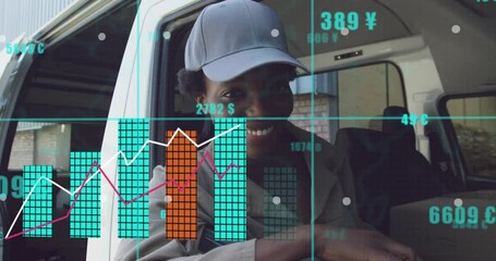 Animation of financial data processing over african american woman working in warehouse - Powered by Adobe