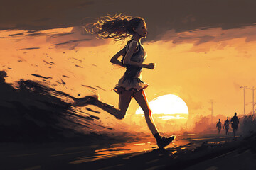 Illustration of a woman running with the sunset in the background. Generative AI.