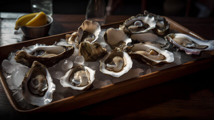 A serving tray of freshly shucked oysters on a ice on a  wooden table in an upscale seafood restaurant. The oysters are plump and briny, served with lemon wedges and a tangy mignonette sauce.