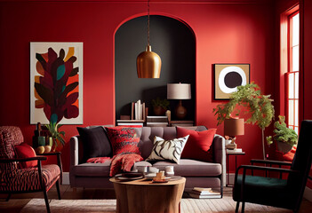 Interior design of a bold and energetic living room with fiery red walls, statement art pieces and comfortable seating | Comfortable sofa, armchair, red walls, and a sleek coffee table | Generative Ai