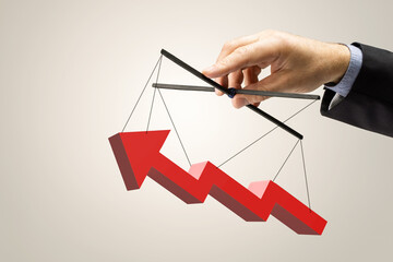 businessman holding red arrow sign. hand supporting the growth chart line. business growth concept.