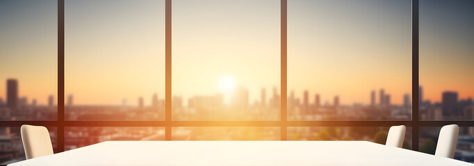 Panoramic view with white table surface, panel windows, blurred cityscape sunset skyline background, mockup for template, product display, copy space