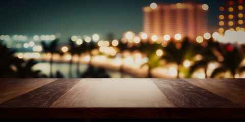 Wood table with Las Vegas night blurred skyline in background for mockup, design, template, product display, copy space