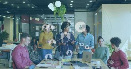 Animation of network with data processing over diverse business people working in office