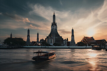 Obraz premium Wat Arun at sunset with long tail boat, in Bangkok, Thailand. Generative AI