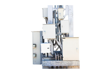 Group box Communication tower telephone pole wireless communication technology installed on large electric pole. Telecommunication of 4G and 5G cellular. Smart antennas mounted isolated on cutout PNG.