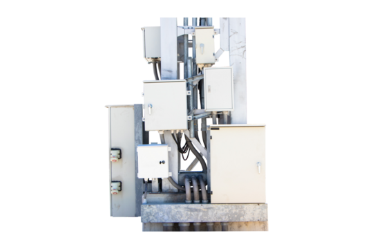 Group box Communication tower telephone pole wireless communication technology installed on large electric pole. Telecommunication of 4G and 5G cellular. Smart antennas mounted isolated on cutout PNG.
