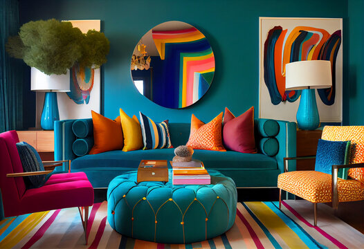 Interior design of a living room with brightly colored walls, long cozy sofas, colorful pillows, armchairs, and textured rug | Bold and colorful living room with bright furniture | Generative Ai 