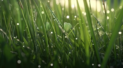 Fototapeta na wymiar glistening dewdrops adorn fresh spring grass, digital art illustration, Generative AI