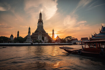 Fototapeta premium Wat Arun at sunset with long tail boat, in Bangkok, Thailand. Generative AI