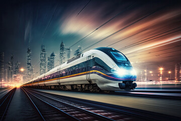 Naklejka premium High speed bullet train speeding past the train station. Blurred nighttime cityscape. Generative AI