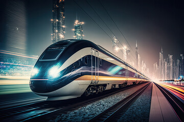 High speed bullet train speeding past the train station. Blurred nighttime cityscape. Generative AI