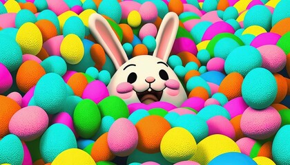 Easter bunny and easter eggs, rabbit smiling, colorful eggs stacked, happy joyful celebrating holiday, vibrant colors, generative ai 