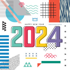 2024 Colorful line style of Happy New Year posters. Abstract design with typography style. Vector logo 2024 for celebration and season decoration, backgrounds for branding, banner, cover, card 