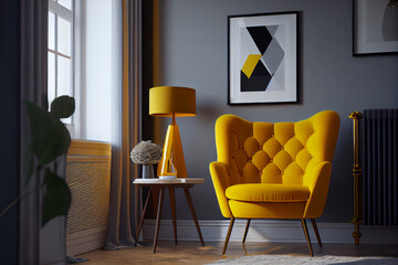 Interior design of a playful living room with a yellow armchair and poster frames | Modern, minimalist and luxurious living room | Generative Ai | Indoor décor