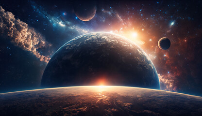  地球、太陽、星、銀河のパノラマビュー。地球上の日の出