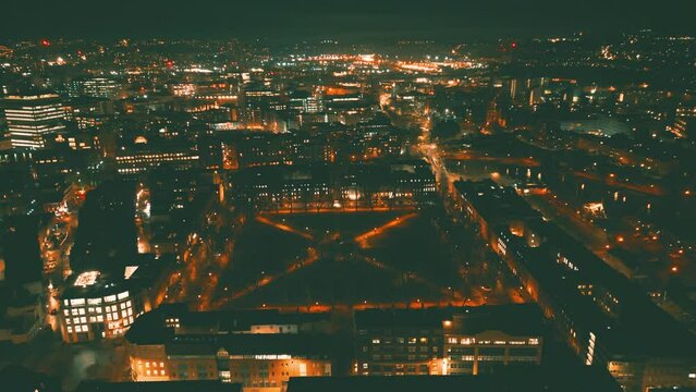 Aerial drone shot of Queen Square in Bristol at night