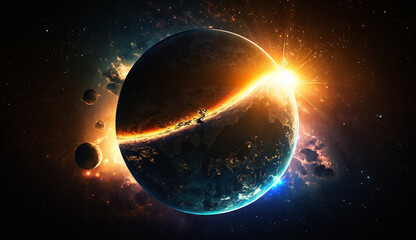 宇宙から昇る日の出と地球