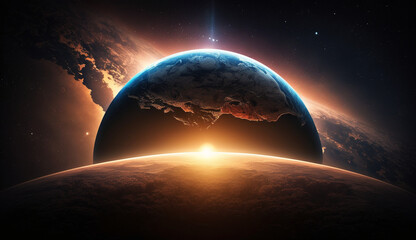 Obraz na płótnie Canvas 宇宙から昇る日の出と地球