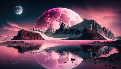 海や山の上にある月のようなピンク色の惑星