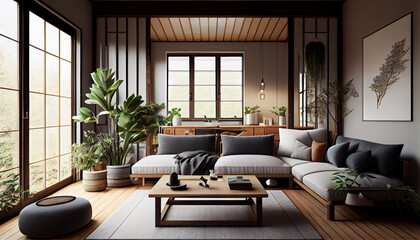 Fototapeta na wymiar Photorealistic illustration of an interior design of a living room in Japandi interior design style with Japanese style furniture | Generative Ai | Indoor décor