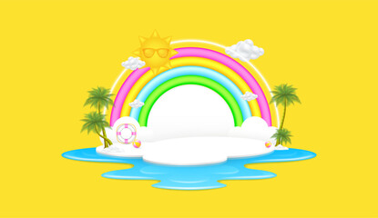 Fototapeta na wymiar Green coconut tree on white blank podium for product placement. Sun and clouds float in the air with bright rainbow backdrop, sea waves. On yellow background. Summer vacation concept. 3D Vector.