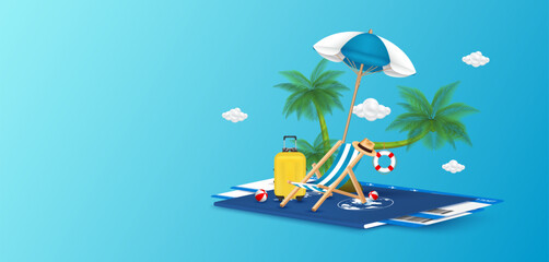 Fototapeta na wymiar Deck chair sitting beach umbrella and coconut tree with travel suitcase on passport air ticket. Banner for making tourism. Summer vacation concept. 3D Vector.