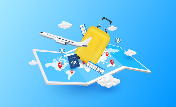 Luggage yellow and positioning pins red on world map paper blue. Passport, Airplane is taking off with hot air balloon. Travel transport concept. 3D Vector EPS10. For advertising media about tourism.