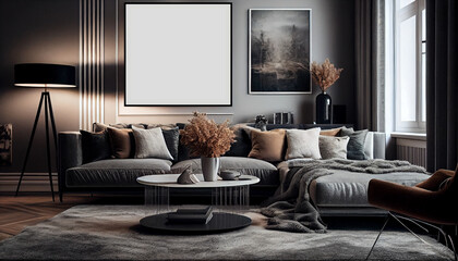 Naklejka premium Modern and luxurious living room with a big blank poster frame mockup, comfortable sofa, pillows, rugs, sleek coffee table, armchair | Interior design | Generative Ai | Photorealism | Indoor décor