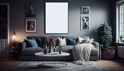 Modern and luxurious living room with a big blank poster frame mockup, comfortable sofa, pillows, rugs,  sleek coffee table, armchair | Interior design | Generative Ai | Photorealism | Indoor décor