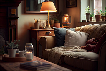 Photorealistic illustration of a cozy and warm living room with a plush sofa, pillows, featuring soft colors, natural materials, vintage finds, and plenty of light | Generative Ai