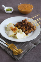 sate ayam, chicken satay with peanut sauce and rice cake
