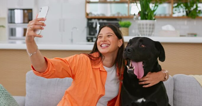 Woman, dog and selfie on living room sofa in home for care hug, touch and embrace for happy friends. Doggy mom, couch and lounge for pet, animal or social media app with smile, relax and photography