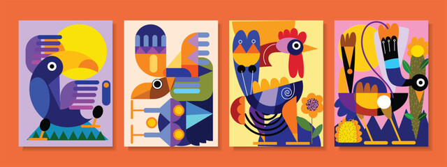 Set of abstract chicken,bird, cat, pet animal hand drawn vector design.