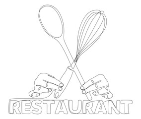 One continuous line of hand holding Kitchen Utensil with Restaurant text. Thin Line Illustration vector concept. Contour Drawing Creative ideas.
