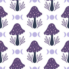 Stoffe zum Nähen Mystical vector seamless pattern with celestial mushrooms, moon phase. Hand drawn magical fungi vector illustration. Witchy background. Whimsical fantasy print for fabric, wrapping, digital paper.