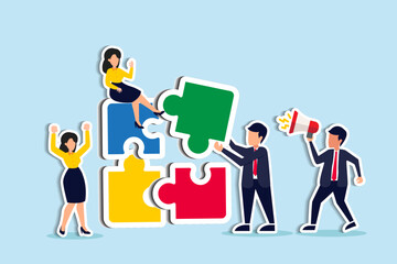 Employee engagement improve involvement or encourage employee success together, increase value and workplace motivation concept, happy business people, employees help complete jigsaw with lleader's
