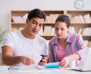 Obraz premium Young family discussing family finances