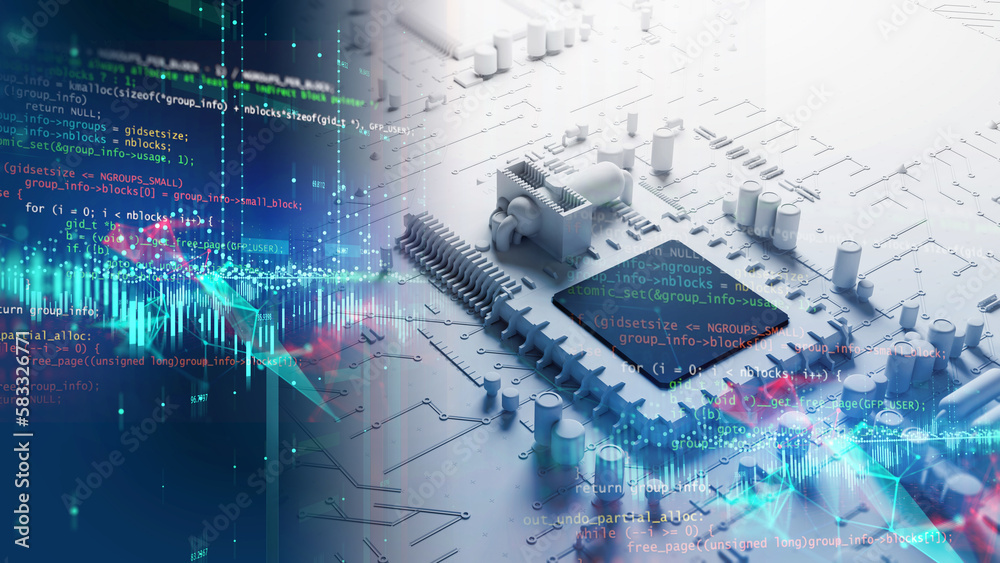Aufkleber 3d rendering  of futuristic blue circuit board and cpu