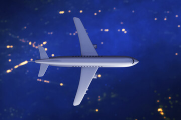 Top view airplane flying night on 3d illustration