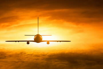 Fototapeta na wymiar Airplane flying sunset on 3d illustration