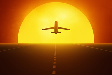 Airplane flying sunset on 3d illustration