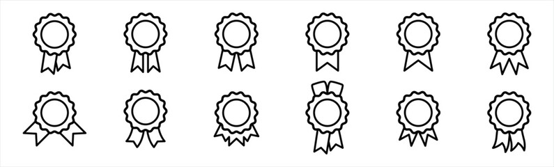 Winning award or winning prize line icons. winning award, prize, medal, badge, prize, achievement, seal, quality, certified medal symbol. badge with ribbons signs, vector illustration - obrazy, fototapety, plakaty